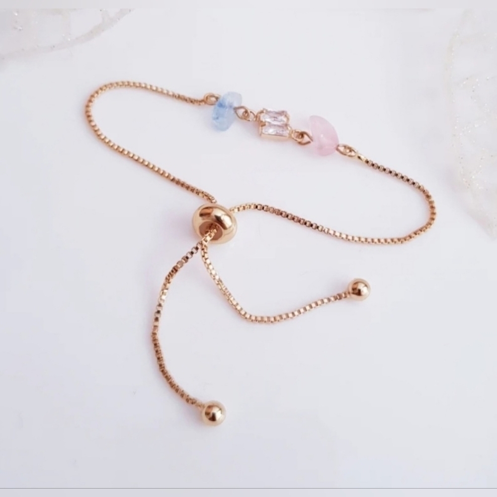 NWOT | Women's Rose Quartz, Aquamarine & CZ Crystal Bracelet | 18K Gold Plated - Picture 5 of 8